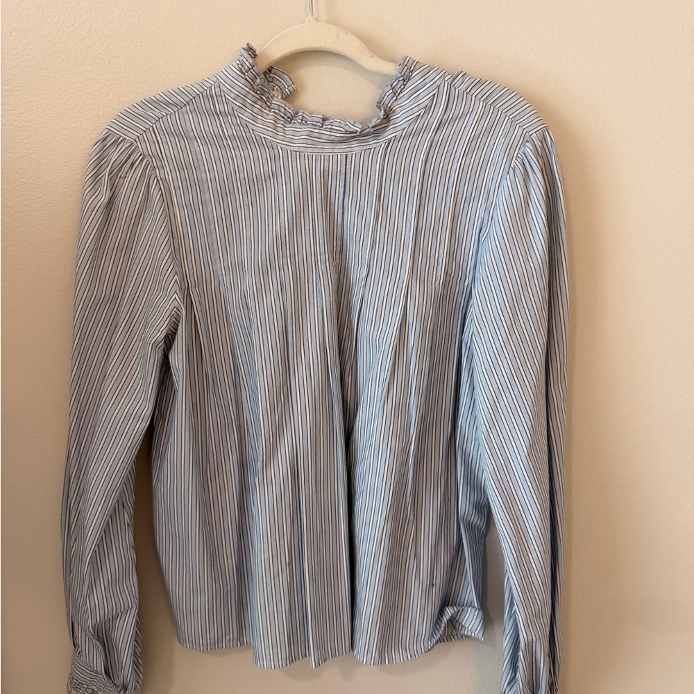 Zara Blue and White Striped Ruffle-Neck Blouse